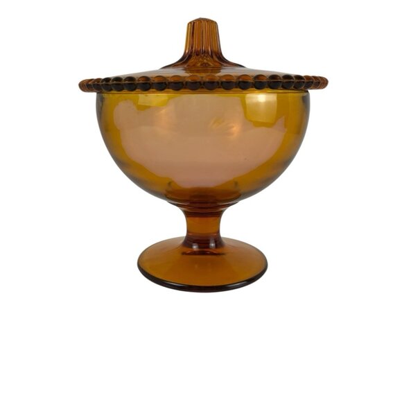 Indiana Glass Amber Vintage 60s Retro Beaded Edge Compote Lid Covered Candy Dish - Picture 3 of 11